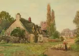 A Shepherdess driving her flock through a country lane by James Milliken, watercolour, offered Mar 2022