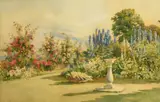 Delphiniums and Crimson Rambler with Mountains by Ella Du Cane, watercolour, offered Mar 2022