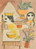 Homage to the Buddha's Begging Bowl by Badri Narayan, 2001, watercolour, sold Mar 2022
