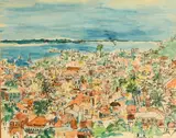 Sierra Leone, houses and palm trees by a bay by Hassan Bagura, watercolour, offered Mar 2022