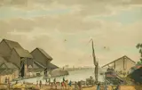 A busy wharf side view with barges and figures, fine pen and ink by Charles Tomkins, 1801, ink, offered Mar 2022