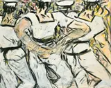 Greek sailors by Fionna Carlisle, acrylic on paper, sold Mar 2022