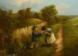 British, children drinking from a cup by a brook by William Bromley, oil on canvas, sold Feb 2022