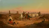 Swiss, horsemen driving cattle through a landscape at dusk by Ludwig Vogel, oil on canvas, sold Feb 2022