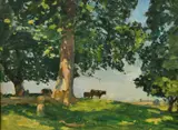 British, a view of cows in a landscape by Osmund Pittman, oil on board, sold Feb 2022