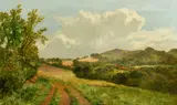 Near Haslemere' Tracks leading into open fields with a farmstead beyond by James Peel, oil on canvas, offered Feb 2022