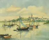 French, A view of Honfleur with moored boats, houses and a church beyond by Alfred Louis Andrieux, oil on canvas, offered Feb 2022