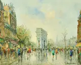 Italian, A French street scene with the Arc de Triomphe by Salvadore Demone, oil on canvas, sold Feb 2022