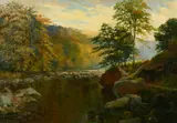 A rocky river lined with trees by Wills Lander, 1889, oil on canvas, sold Feb 2022