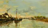French, barges moored on a river with buildings lining the tow path by Marcel Debut, oil on panel, sold Feb 2022