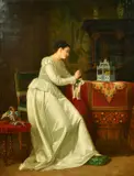 Belgian, an elegant lady in a lavish interior gazing at a caged bird by J. Berlin, oil, sold Feb 2022