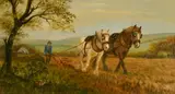 Shire horses ploughing a field by H.W. Clapton, 1987, oil on canvas, sold Feb 2022