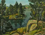 Canadian, a view of a watery inlet surrounded by trees by Robert Stewart Hyndman, oil on board, sold Feb 2022