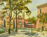 British, figures in a Continental town square by Jack Cross, oil on board, sold Feb 2022