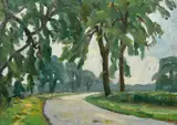 British, a tree lined country road by John Brown, oil on panel, sold Feb 2022