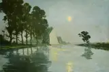 Anglo-Belgian, a nocturn view of a sailboat on a tree-lined river by Émile Antoine Verpilleux, oil on canvas, sold Feb 2022