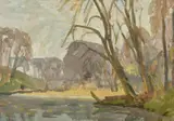 British, a tree lined river landscape by John Brown, oil on board, sold Feb 2022