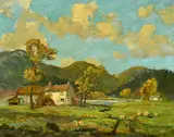 British, sheep by a cottage with a hilly landscape beyond by Jack Cross, oil on board, sold Feb 2022