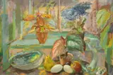 British, a still life of mixed objects on a windowsill by Phyllis Bray, oil on canvas, sold Feb 2022
