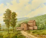Farm buildings in an extensive landscape by Pasquale Esposito, oil on canvas, sold Feb 2022
