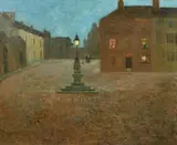 Figures and a dog in a quiet town square at night by Winifred Roome, oil on canvas, sold Feb 2022