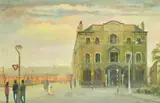 Denmark Hotel, Moss Side by Harry Kingsley, 1977, oil on board, sold Feb 2022
