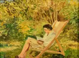 Italian, a female figure in a deck chair reading by Luigi Gioli, oil on canvas, sold Feb 2022