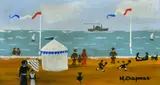 British, Figures on a French beach with figures, children paddling and playing games and white tent edged with blue and a paddle steamer out to sea by Margaret Chapman, oil on board, offered Feb 2022
