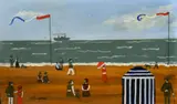British, Figures on a French beach and a paddle steamer ship beyond by Margaret Chapman, oil on board, sold Feb 2022