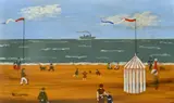 British, Figures on a French beach and three children playing football and a paddle steamer out to sea by Margaret Chapman, oil on board, sold Feb 2022