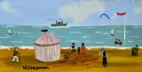 British, Figures on a French beach with figures, children paddling and a pink and white stripped tent and a paddle steamer out to sea by Margaret Chapman, oil on board, offered Feb 2022