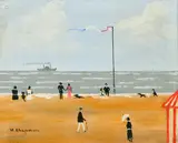 British, Figures and dogs on a French beach with a paddle steamer ship beyond by Margaret Chapman, oil on board, sold Feb 2022