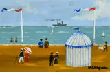 British, Figures on a French beach with figures and a blue and white tent with a paddle steamer out to sea by Margaret Chapman, oil on board, offered Feb 2022