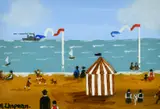 British, Figures and dogs on a French beach with a paddle steamer ship beyond by Margaret Chapman, oil on board, offered Feb 2022
