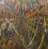 Colourful figures with ladders and a chair by Sarah Perritt, oil on canvas, sold Feb 2022
