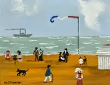 British, Figures and dogs on a French beach with a paddle steamer ship beyond by Margaret Chapman, oil on board, offered Feb 2022