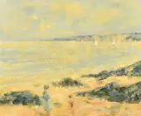 British, Children on a beach with sailing boats out to sea by Wally Beauvais, oil on canvas, sold Feb 2022