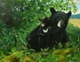 Russian, a black bear and her cub sat amongst foliage by Dmitri Dalinine, oil on canvas, offered Feb 2022