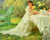 A young woman in white at a table outdoors by Alexander Averin, oil on board, sold Feb 2022