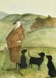 British, a female figure with three black Labradors in rolling fields by Sue Macartney-Snape, watercolour, sold Feb 2022