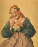 Italian, a study of a lady threading a needle by Michele Garinei, watercolour, sold Feb 2022