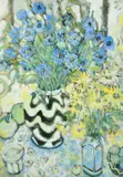 Cornflowers and Black and White Pot by Lorraine Platt, watercolour and gouache, sold Feb 2022