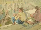 British, figures reading on the steps of a building by Marjorie Heather, watercolour, offered Feb 2022