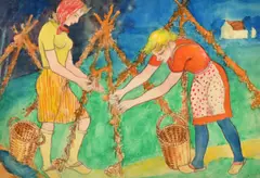 German, female workers in a field at harvest time by Max Burchartz, watercolour, offered Feb 2022