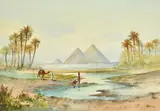 A view of the Pyramids with figures and a camel in the by R. Marchellini, watercolour, offered Feb 2022