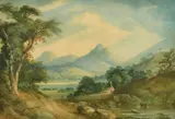 A cottage with figures and cattle outside by John Laporte, watercolor, offered Feb 2022