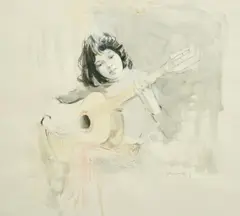 Girl with a Guitar by Robert King, watercolour, offered Feb 2022