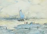 Scottish, Figures on a shore waiting for fishing boats to return by Robert McGowan Coventry, watercolour, offered Feb 2022