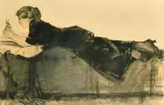 Dutch, a female figure lying on a bed, chalk, charcoal and coloured pencil by Piet van der Hem, charcoal and coloured, sold Feb 2022