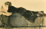 Dutch, a female figure lying on a bed, chalk, charcoal and coloured pencil by Piet van der Hem, charcoal and coloured, sold Feb 2022